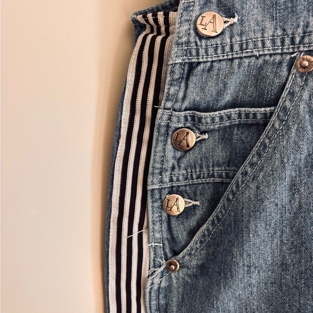 L.A. Blues Women's Light Blue Denim Overalls with Black & White Striped Detail